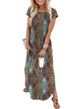 〽️Women’s Dark Blue Boho Floral Maxi Dress Crew Neck Cap Sleeve Pocket Casual